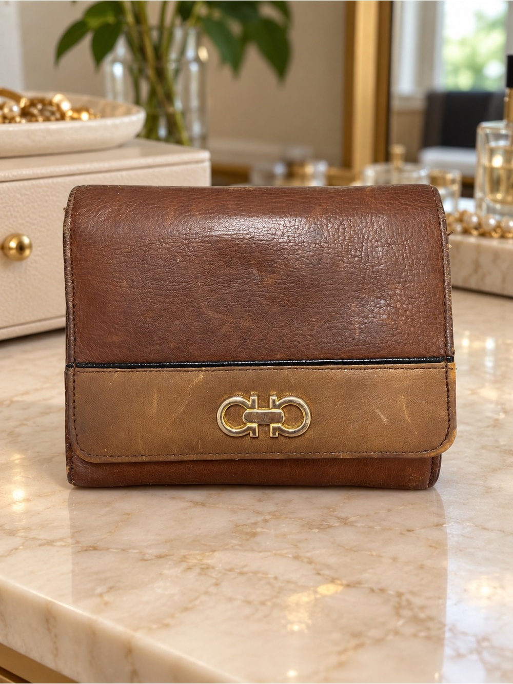 Vintage Salvatore Ferragamo Brown Leather Gancini Flap Wallet